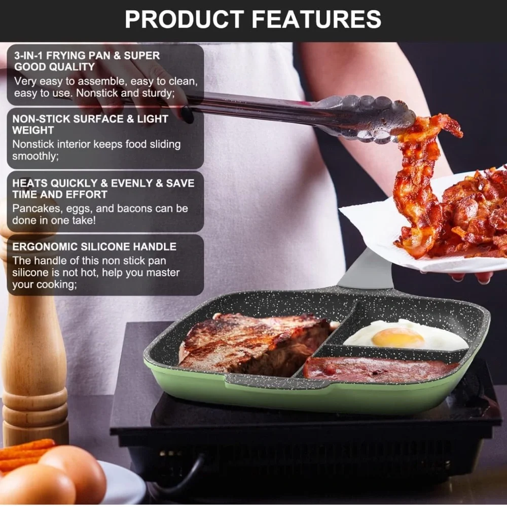 Nonstick Divided Pan for Stove Tops, 10.6Inch 3 Section Pan, Breakfast Pan